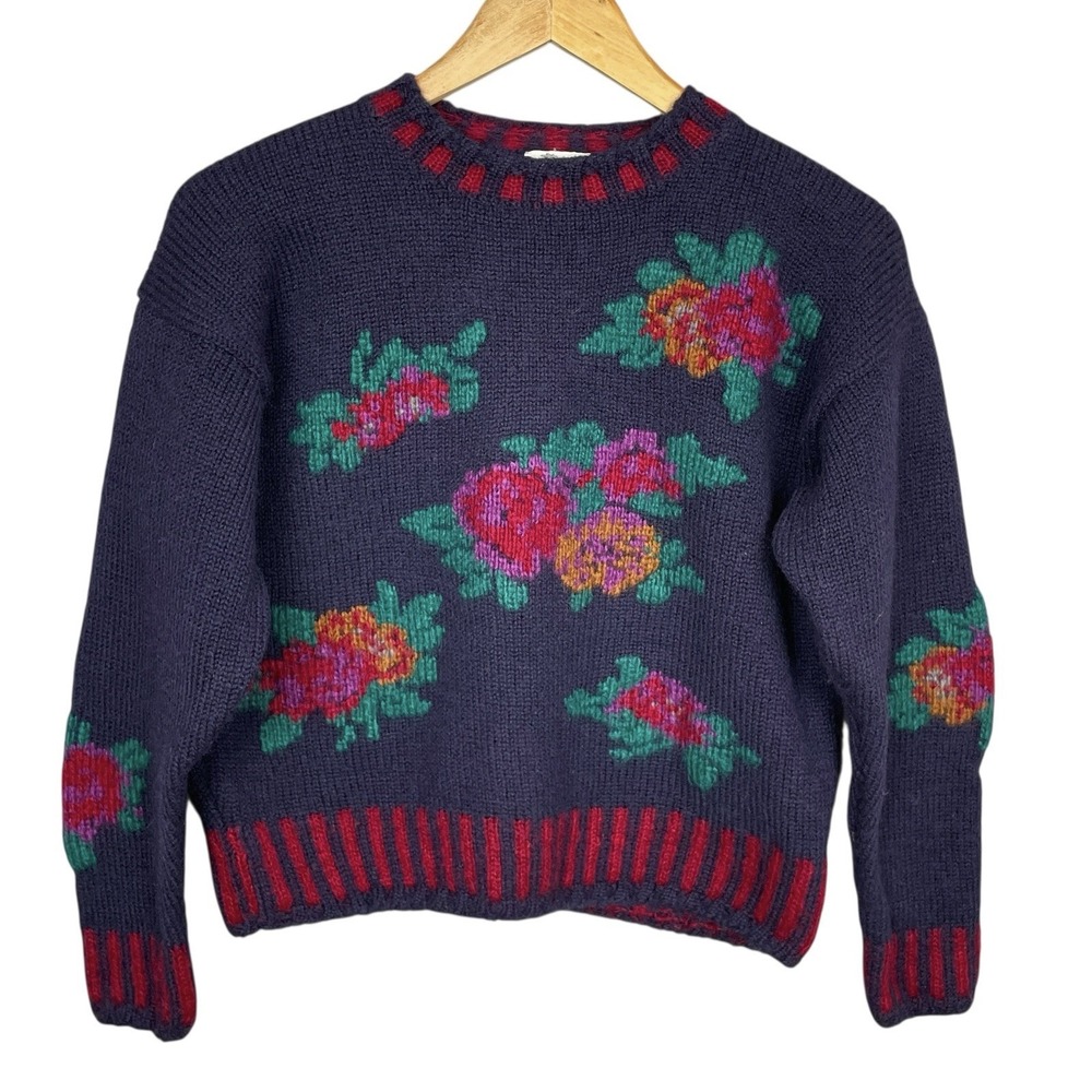 VTG Womens Navy Blue Pink Rose Wool Blend Sweater‎ Size M Heritage Cottagecore